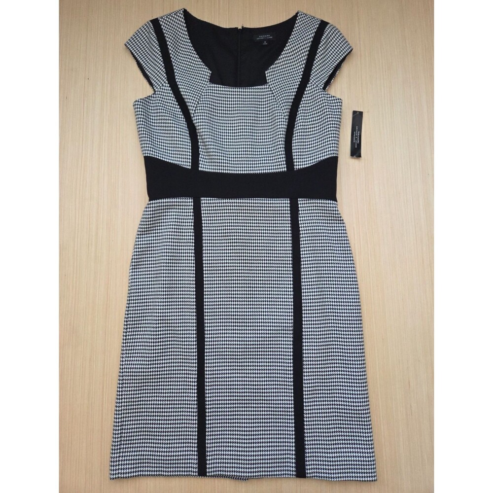 Tahari Arthur S Levine Womens Houndstooth Sheath Dress Size 8 Black Lined Career